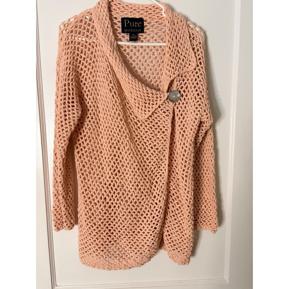 Pure Handknit Pink Cotton Crochet Cardigan Sweater Womens M/L Asymmetric Button
